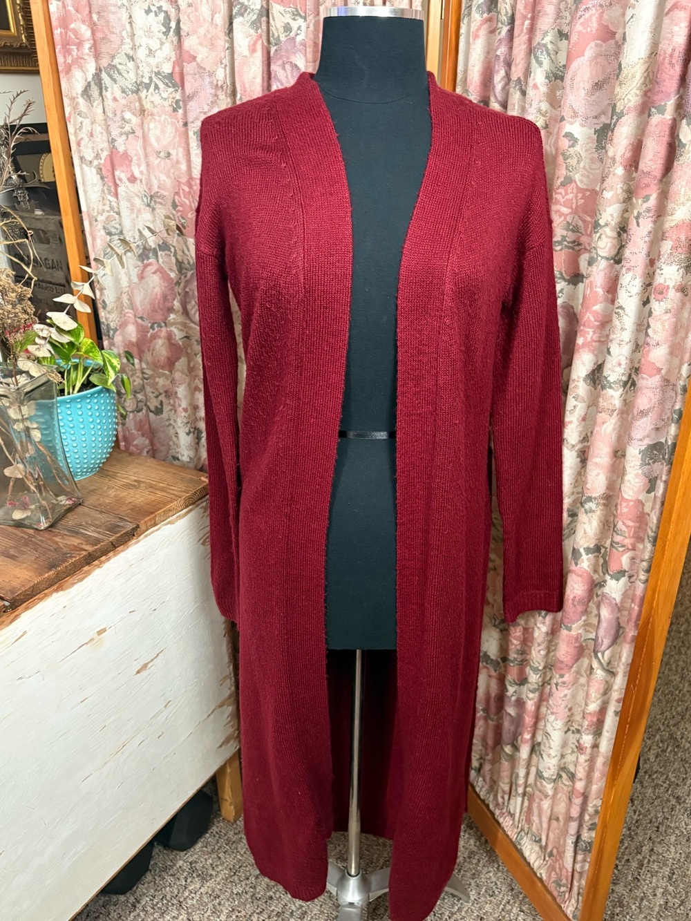 Bluenotes Long Open-Front Cardigan in Burgundy